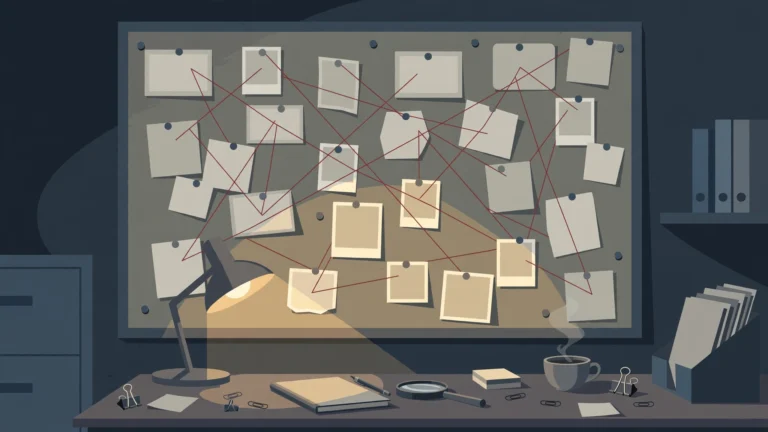 Illustration of an investigation board with blank case notes connected by string