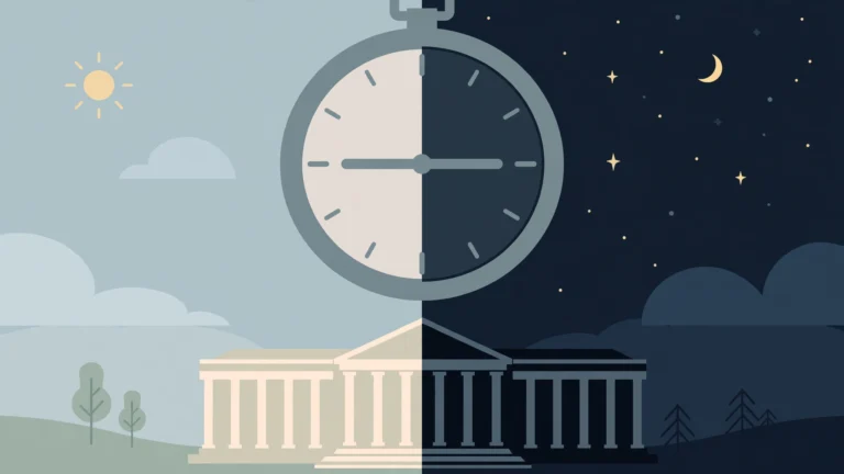 Illustration of a large clock split between day and night above a government building