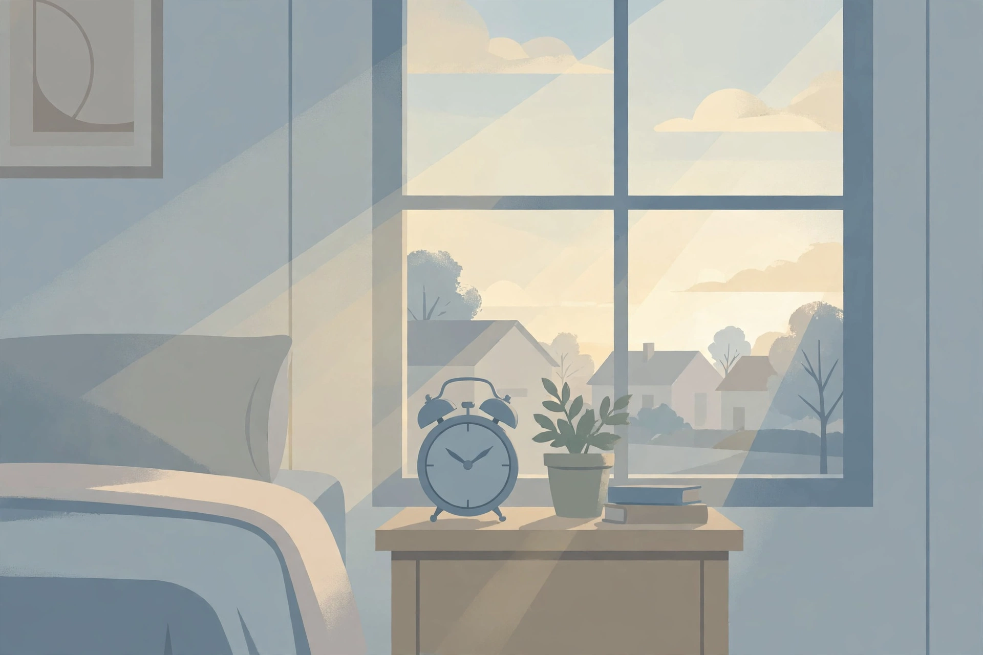 Illustration of a bedroom at dawn with an alarm clock on a bedside table