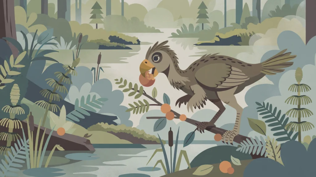 Illustration of a small feathered beaked dinosaur eating fruit in a prehistoric forest