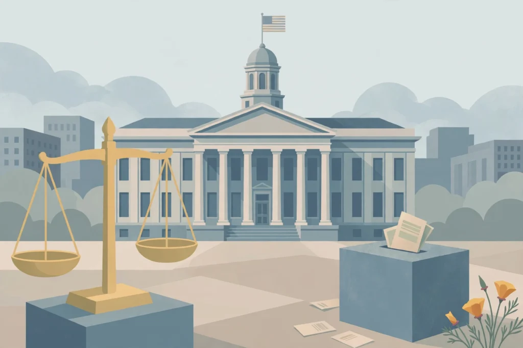 Illustration of a courthouse, scales of justice and a ballot box