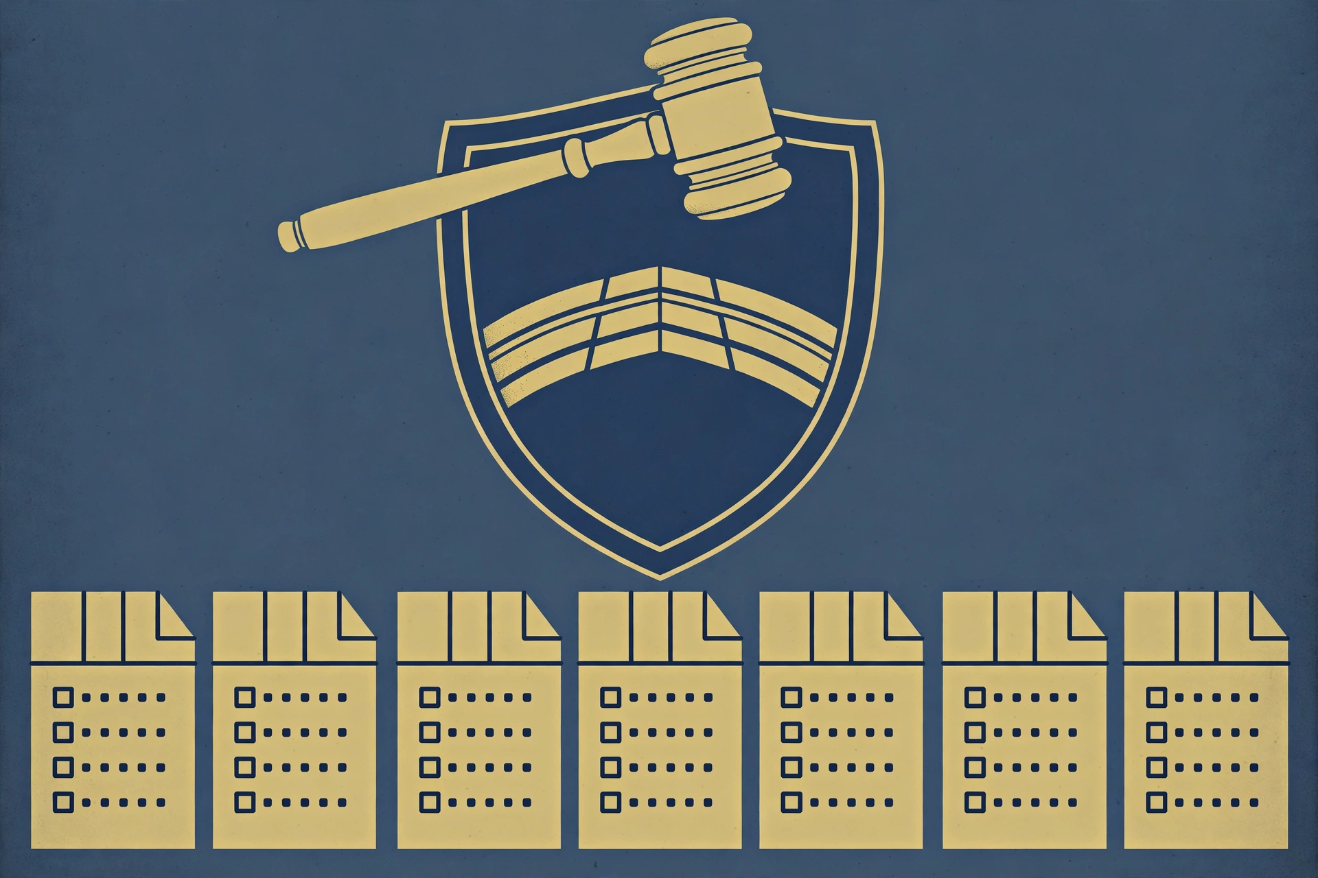 Illustration of a gavel and shield over ballot papers