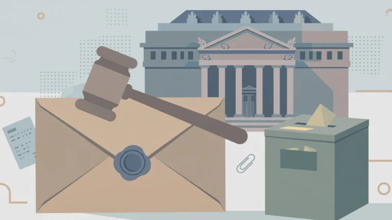 Editorial illustration of a courthouse, a sealed envelope with a gavel, and a ballot box