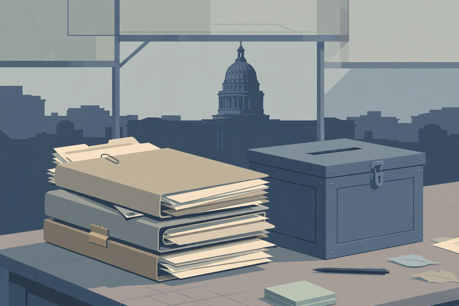 Editorial illustration of legal folders and a ballot box with a capitol dome in the background