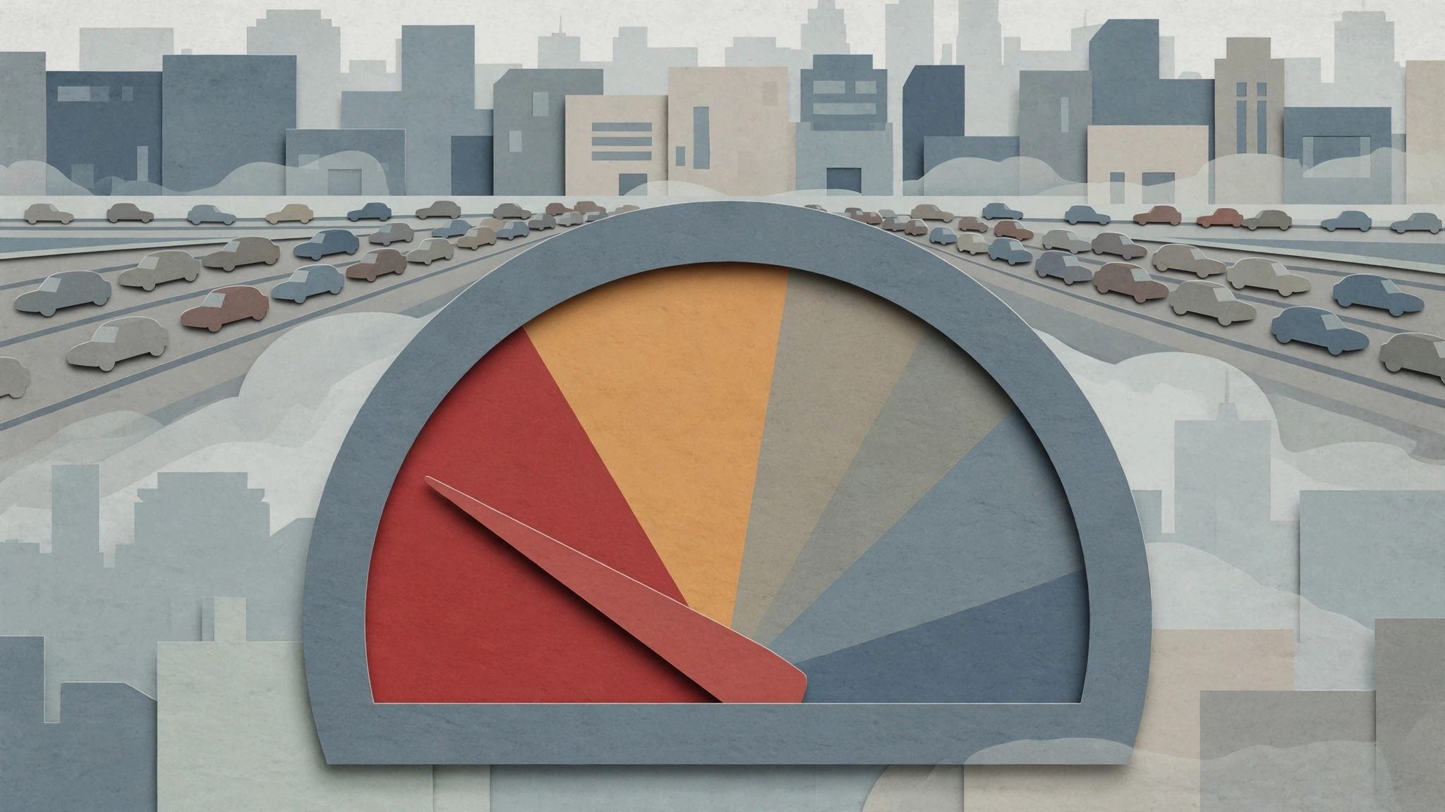 Editorial illustration of a car fuel gauge with the needle near the red zone above city traffic