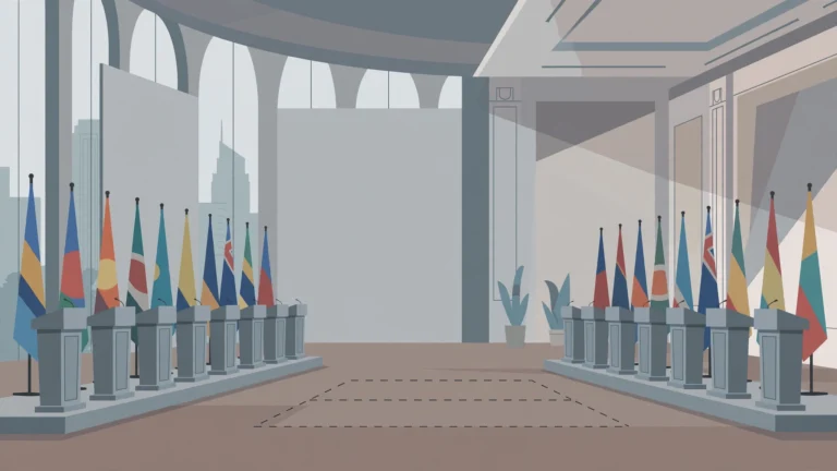 Illustration of empty podiums and flags in a conference hall