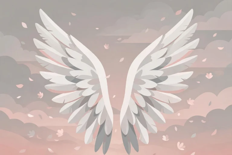 Editorial illustration of white angel wings against a soft dawn sky