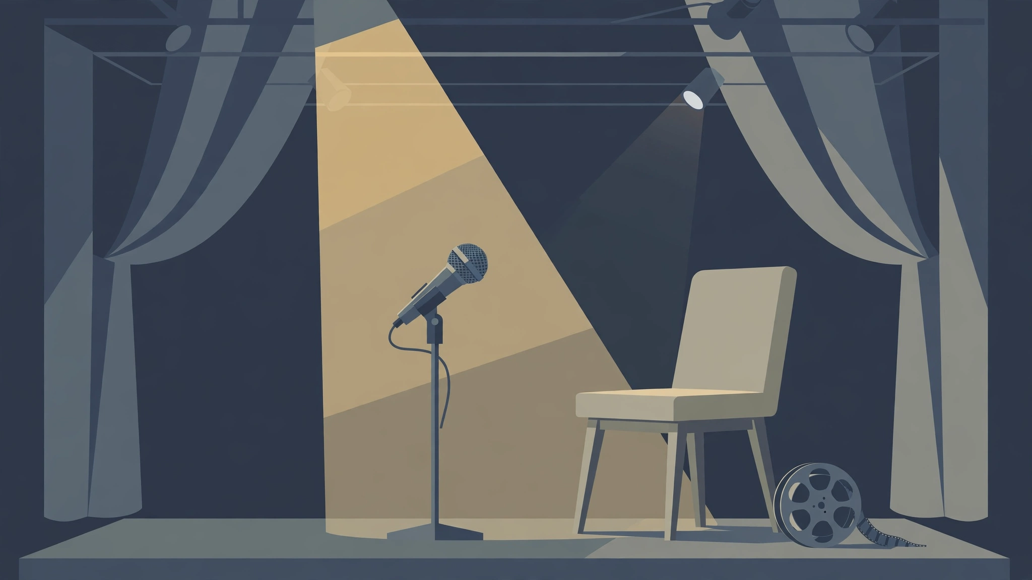 Editorial illustration of a microphone and empty chair on a stage under a spotlight