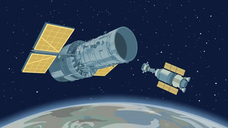 Illustration of the Hubble Space Telescope in orbit with a servicing spacecraft approaching