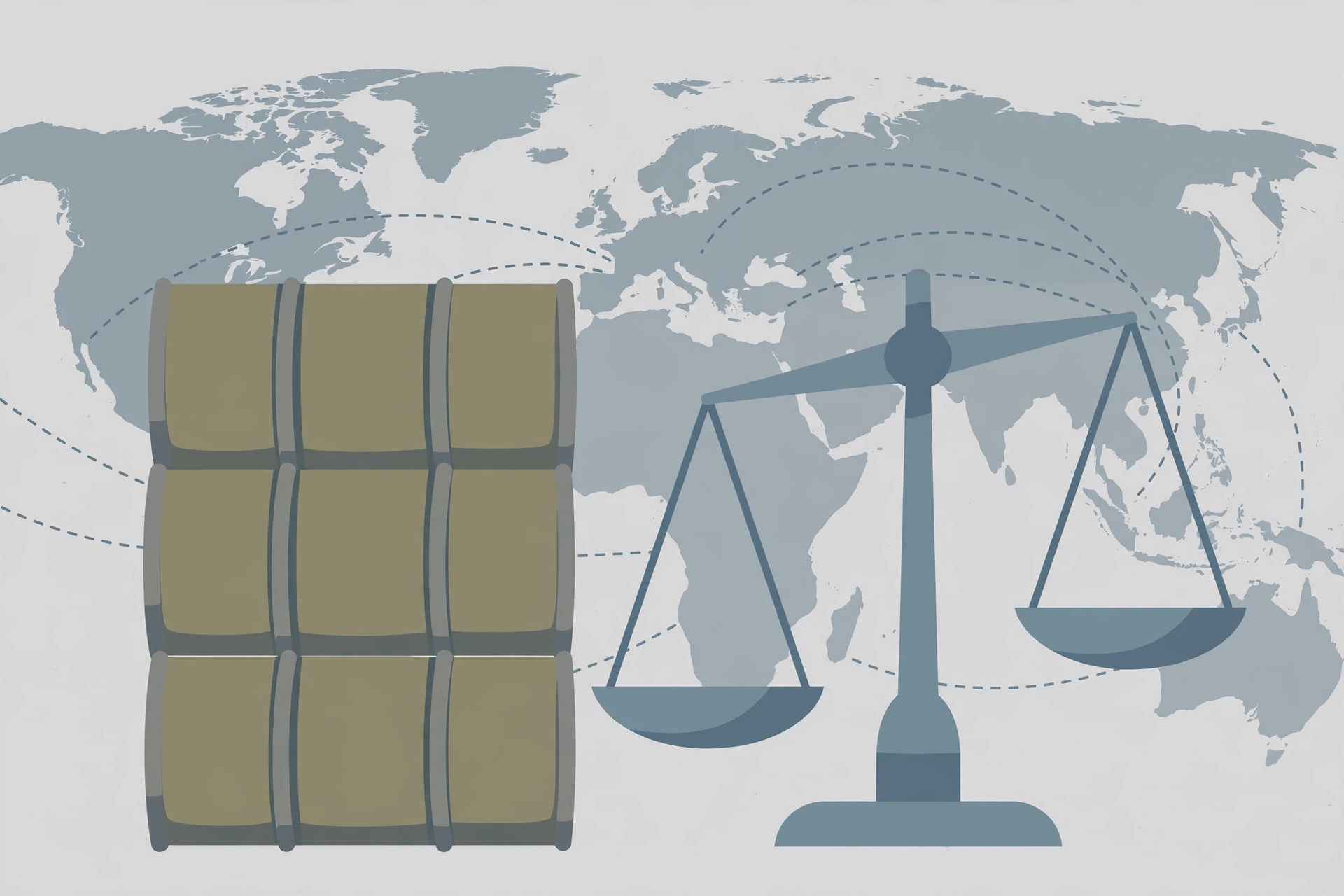 Editorial illustration of oil barrels, a balance scale and a world map