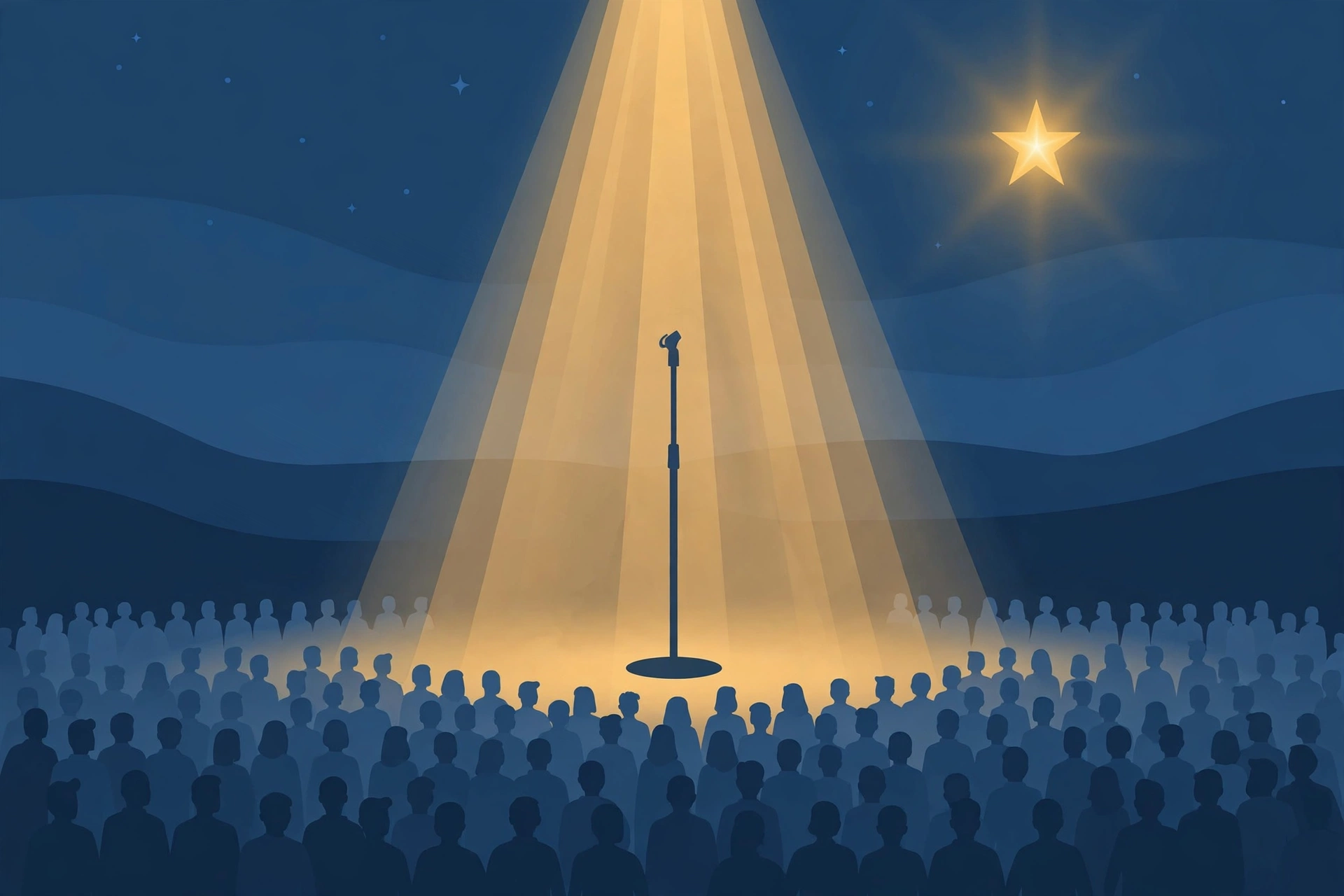 Editorial illustration of a microphone stand under a spotlight before a crowd