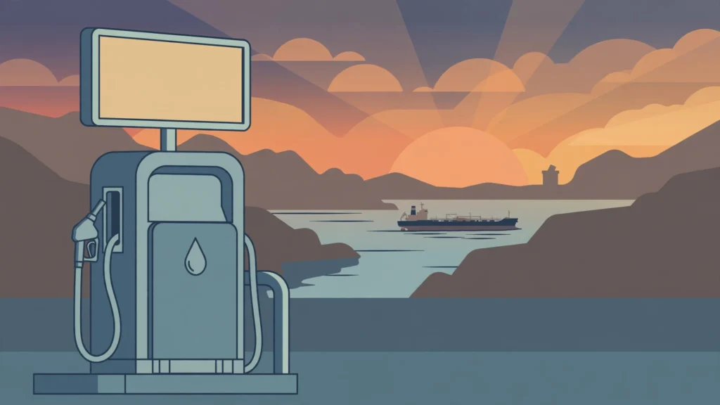 Editorial illustration of a petrol pump with a blank price sign and an oil tanker on a strait at sunset