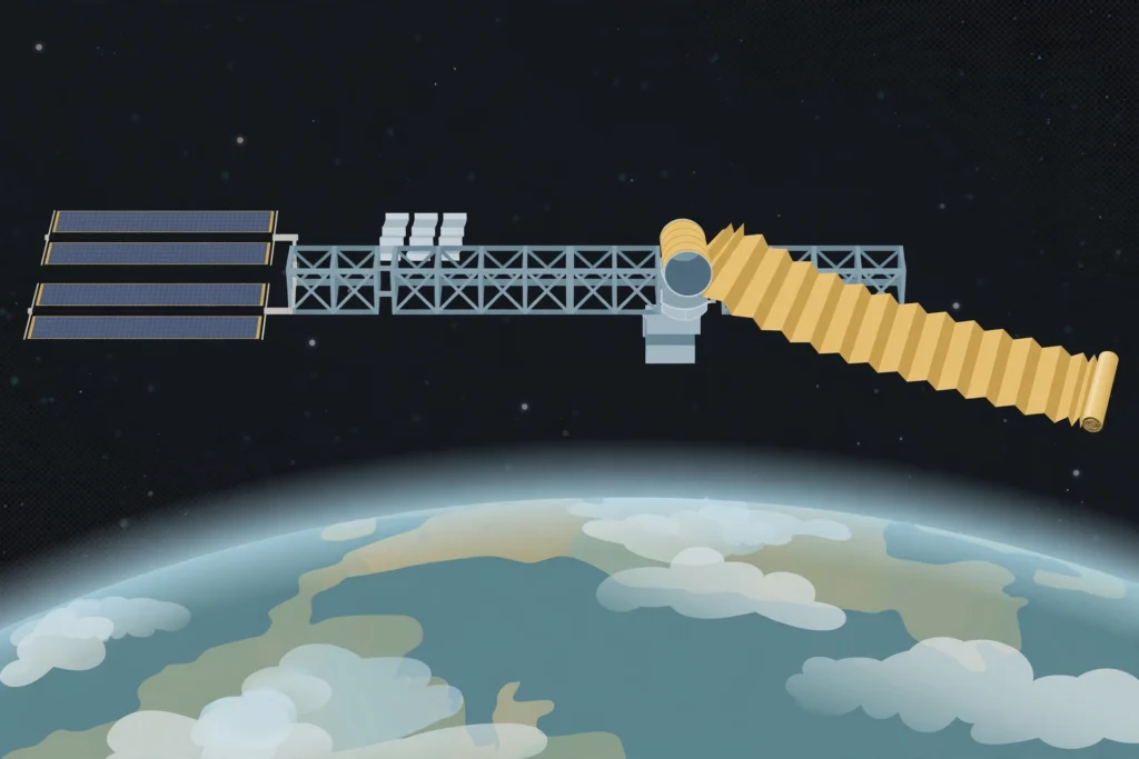 Editorial illustration of a space station truss with a golden roll-out solar array unfurling above Earth