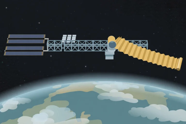 Editorial illustration of a space station truss with a golden roll-out solar array unfurling above Earth
