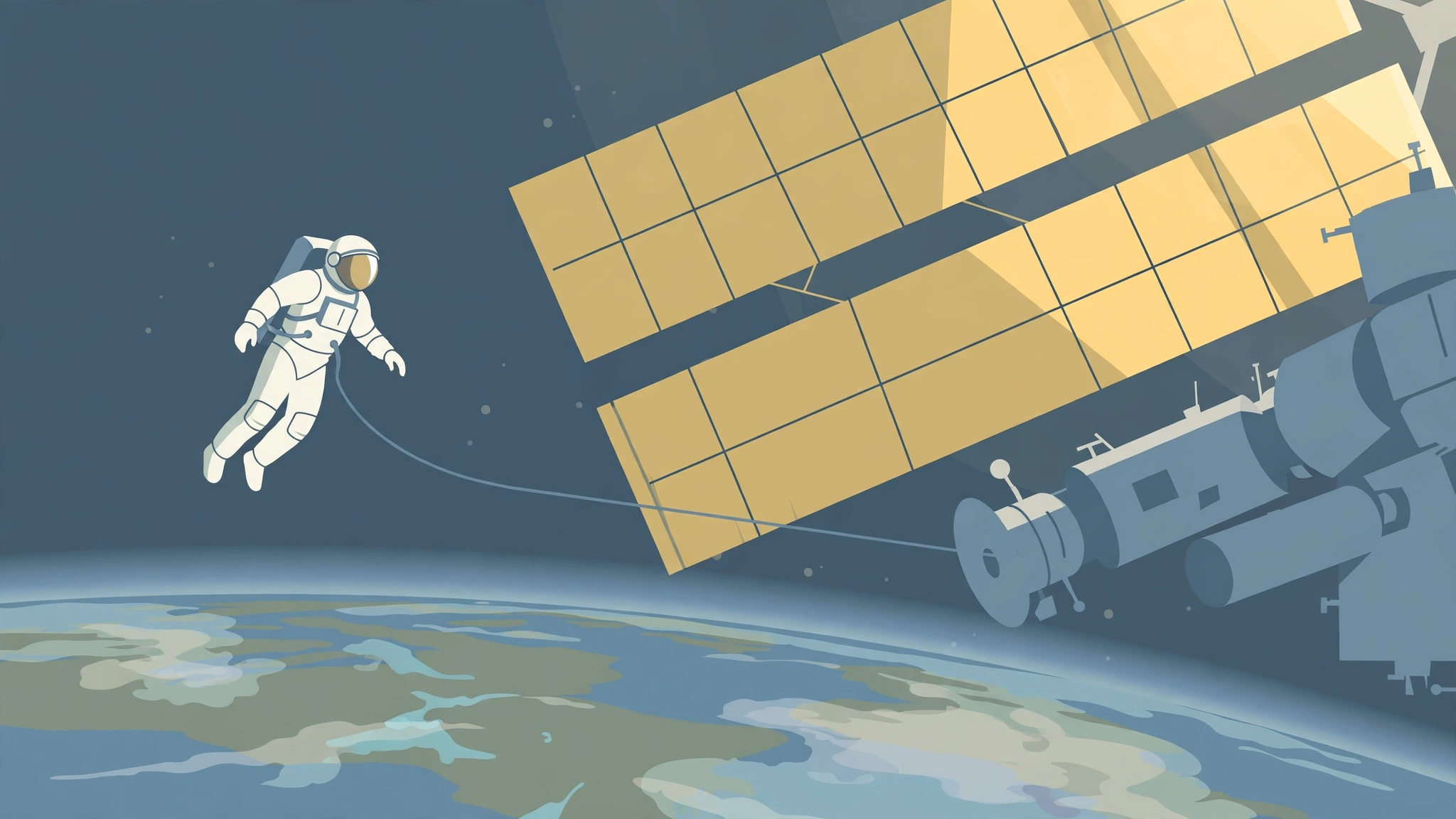 Editorial illustration of an astronaut tethered near a space station solar wing above Earth