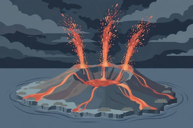 Editorial illustration of a volcano with tall lava fountains under a dark sky