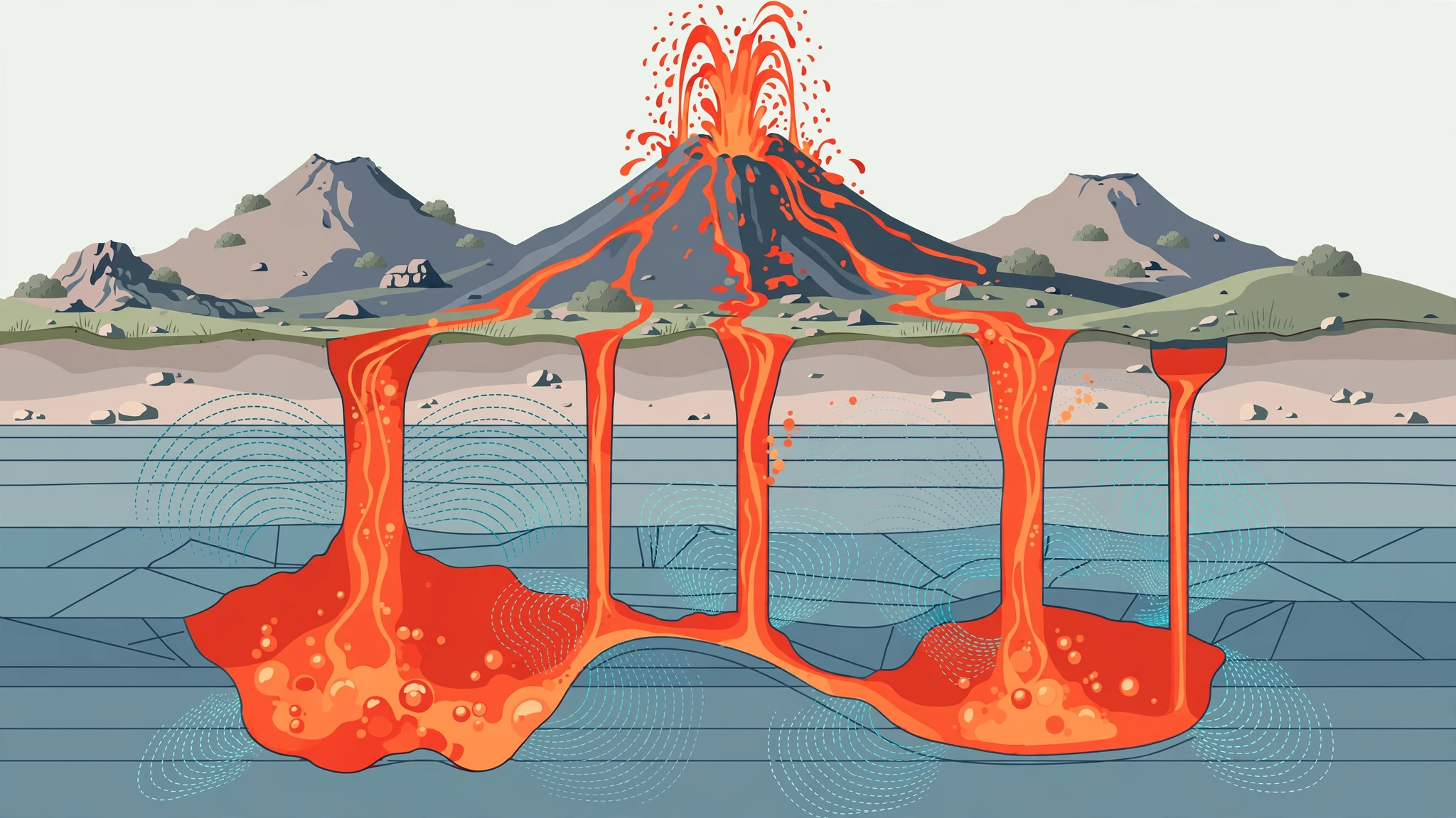 Editorial illustration of underground magma chambers feeding lava columns to the surface