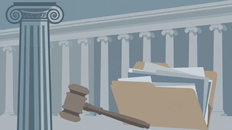 Editorial illustration of a courthouse and case files for a federal contracting investigation