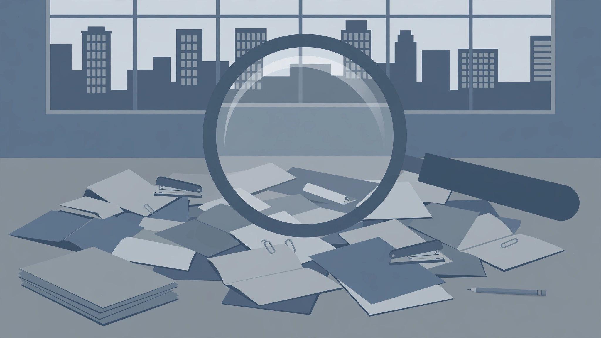 Editorial illustration of a magnifying glass over contract documents