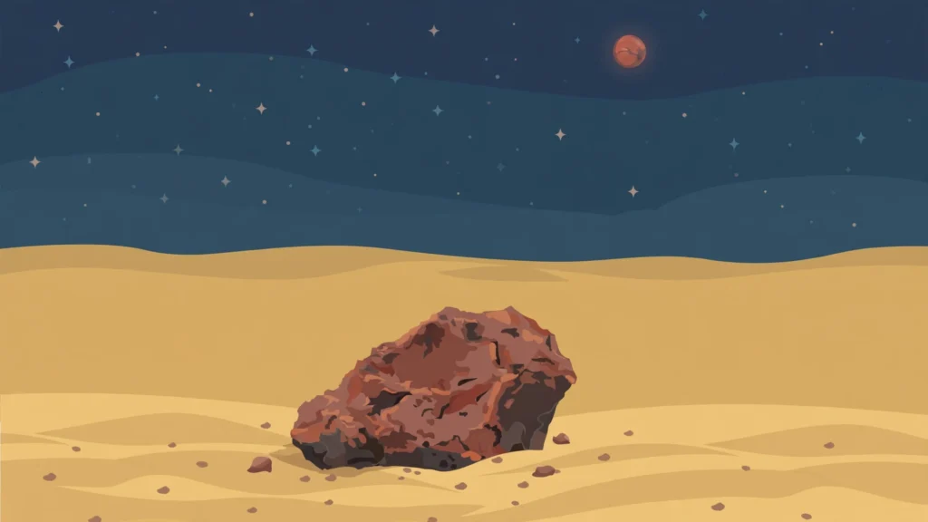 Illustration of a reddish meteorite rock on desert sand under a night sky with Mars visible