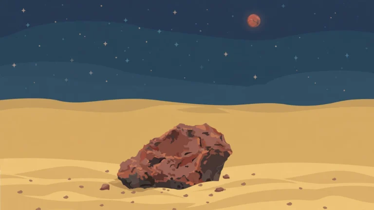 Illustration of a reddish meteorite rock on desert sand under a night sky with Mars visible