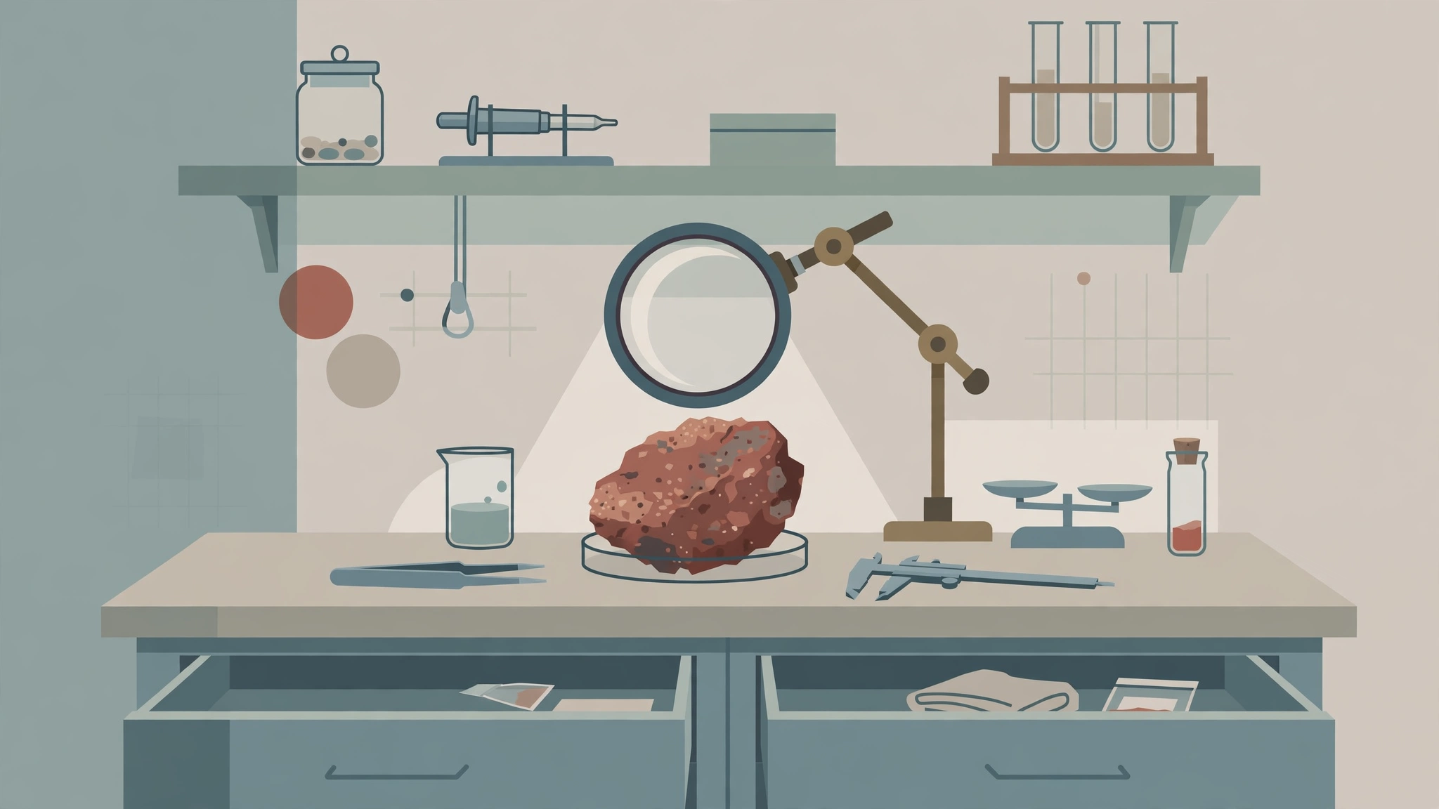 Illustration of a laboratory bench with a reddish rock sample under a magnifying lens