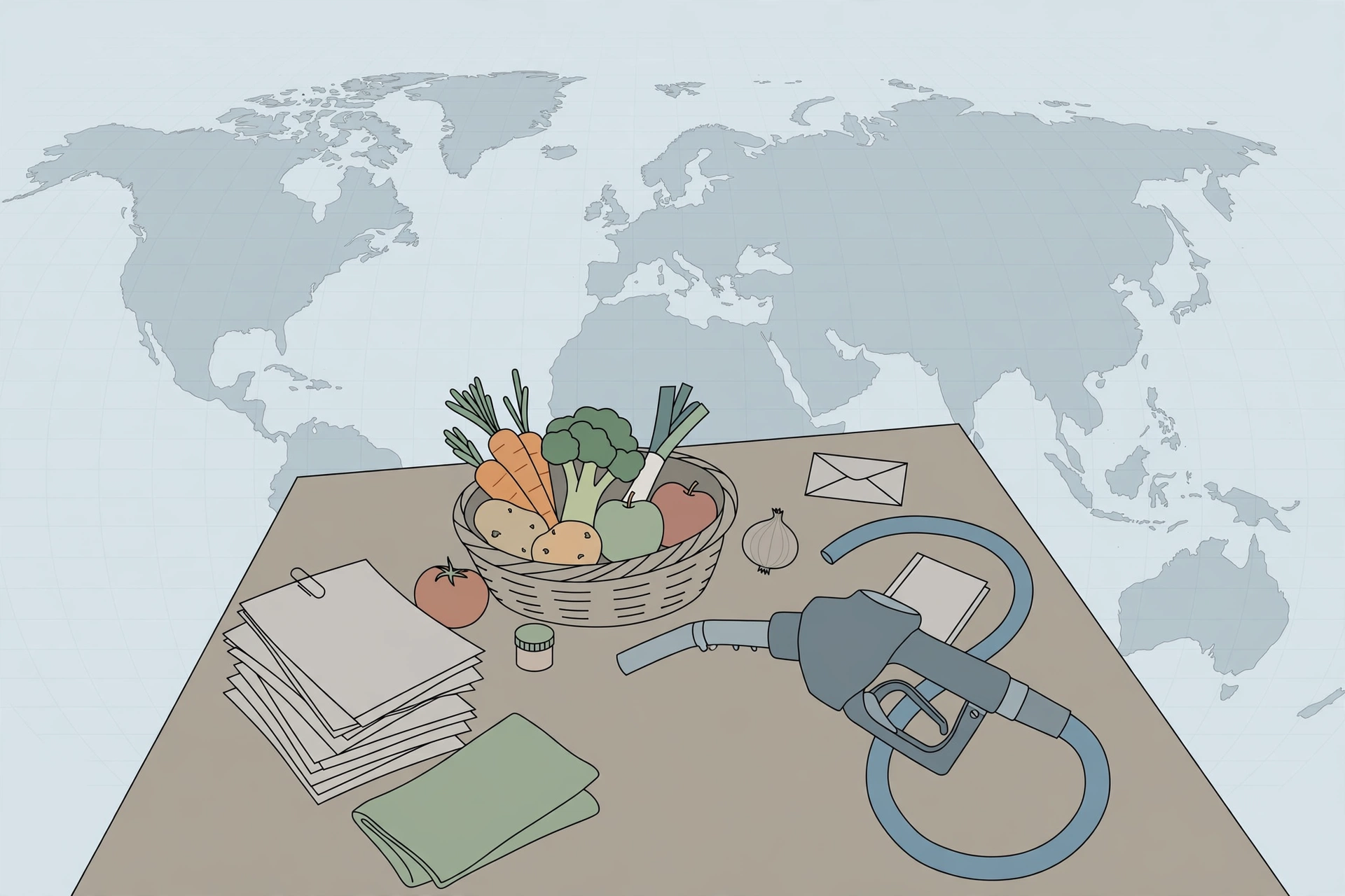 Editorial illustration of groceries, a fuel nozzle and household bills against a world map