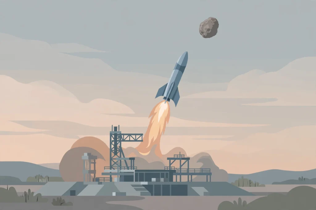 Editorial illustration of a rocket launching at dawn with a small lumpy moon in the sky