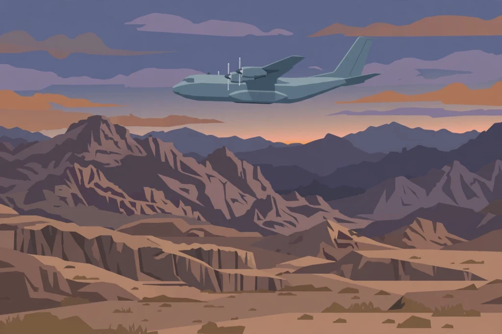 Editorial illustration of a military aircraft over desert mountains