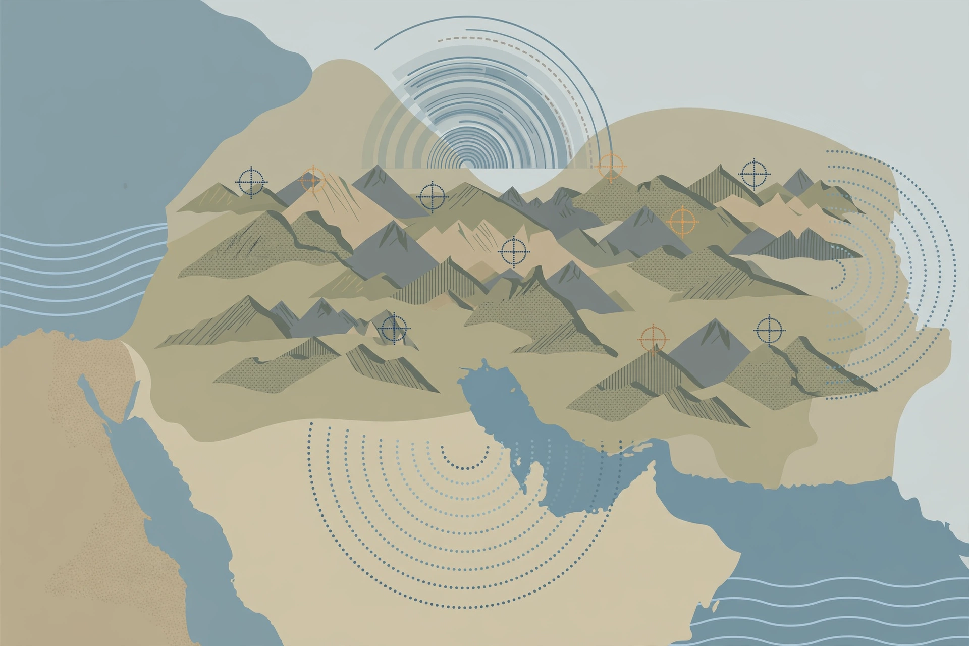 Editorial illustration of a map with radar arcs and target markers