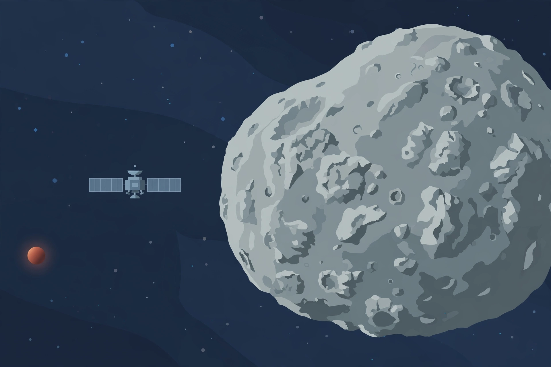 Editorial illustration of the cratered moon Phobos with a small spacecraft approaching and Mars in the distance