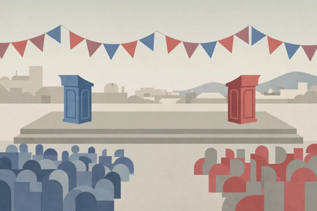 Editorial illustration of two campaign podiums facing opposite directions