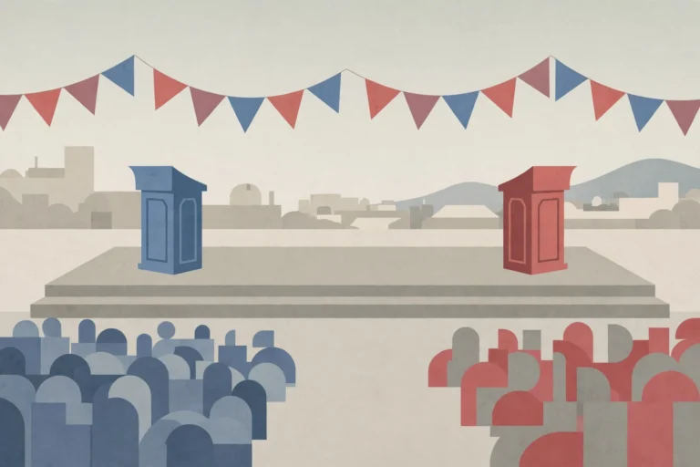 Editorial illustration of two campaign podiums facing opposite directions