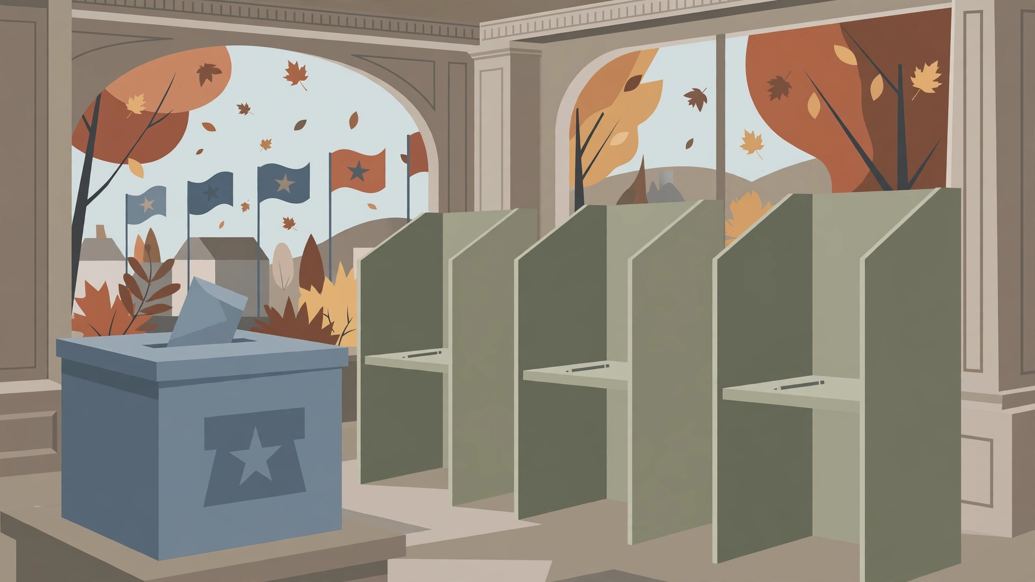 Editorial illustration of voting booths and a ballot box