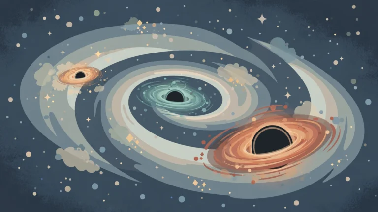 Editorial illustration of three black holes in a distant galaxy