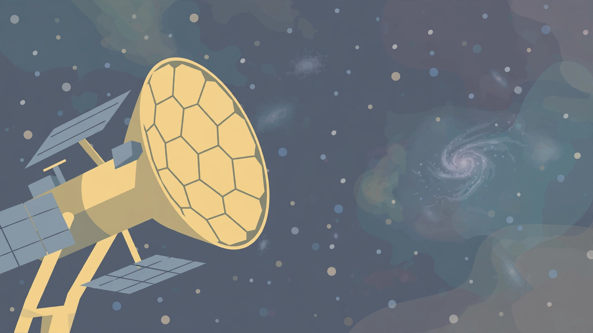 Editorial illustration of a space telescope observing a distant galaxy