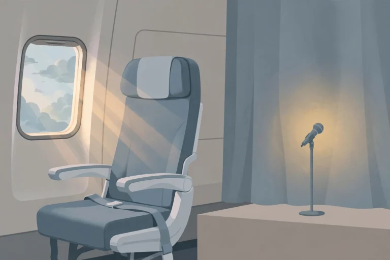 Illustration of an empty airplane seat beside a window and a microphone