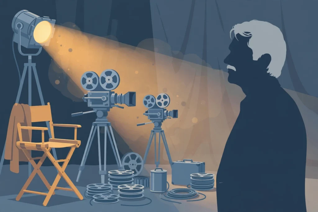 Editorial illustration of a film set memorial to a veteran actor