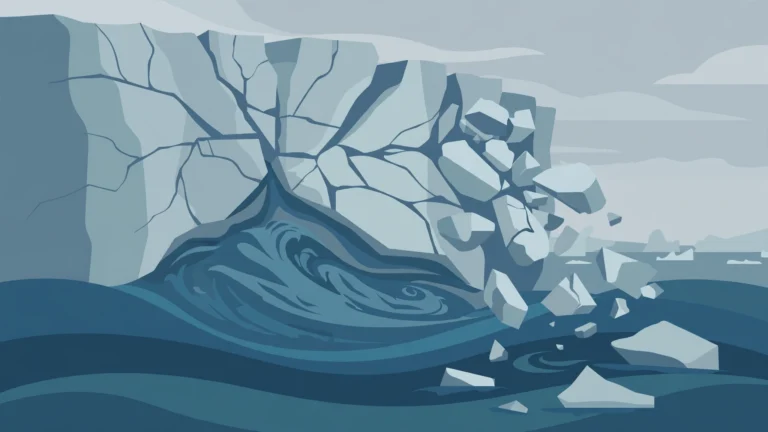 Editorial illustration of a cracking Antarctic ice cliff with water flowing beneath