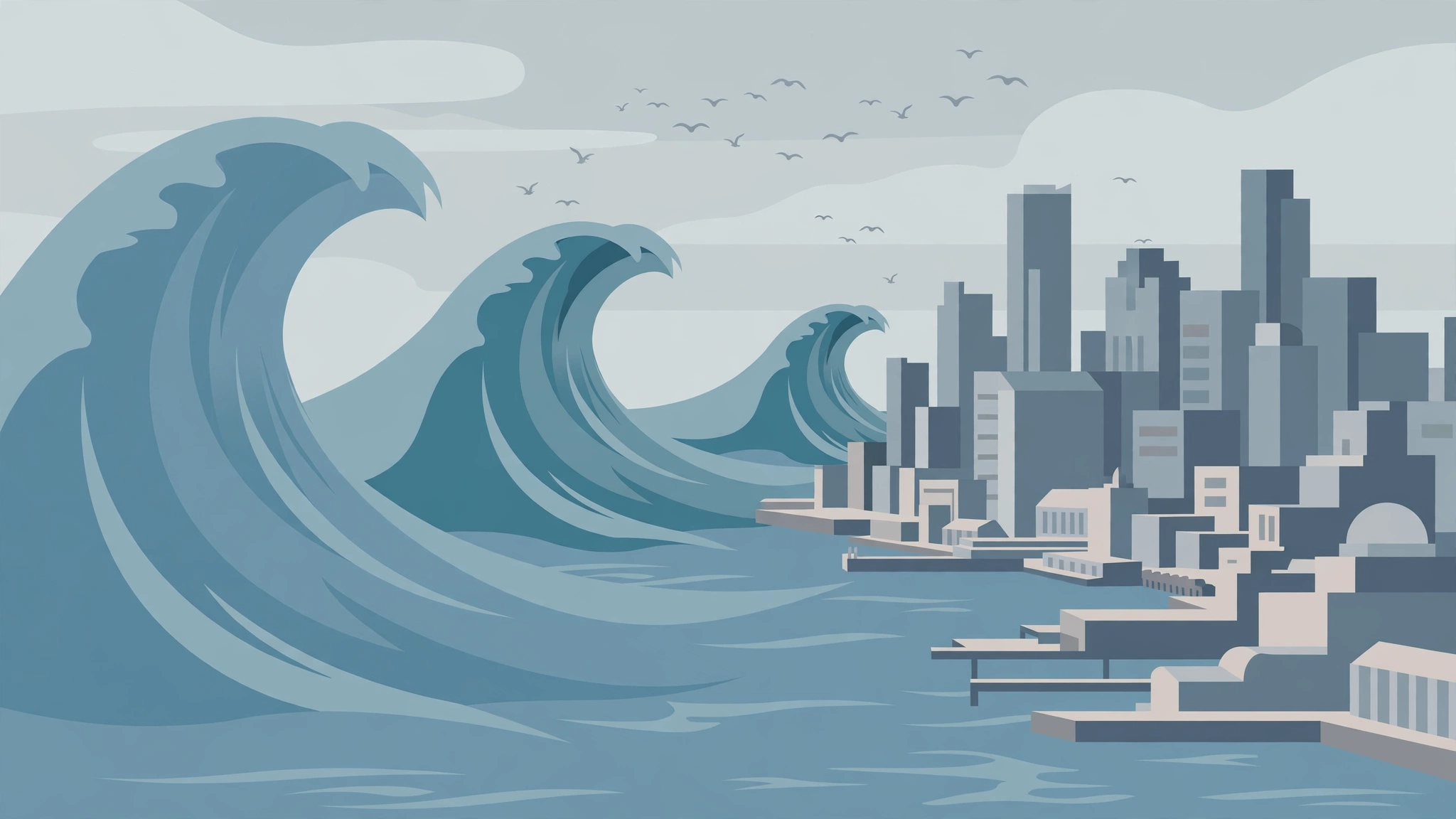 Editorial illustration of ocean waves rising toward a coastal city skyline