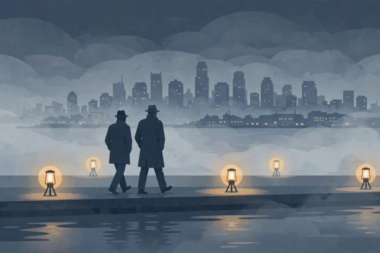 Editorial illustration of two detective silhouettes walking along a foggy waterfront at night with a city skyline
