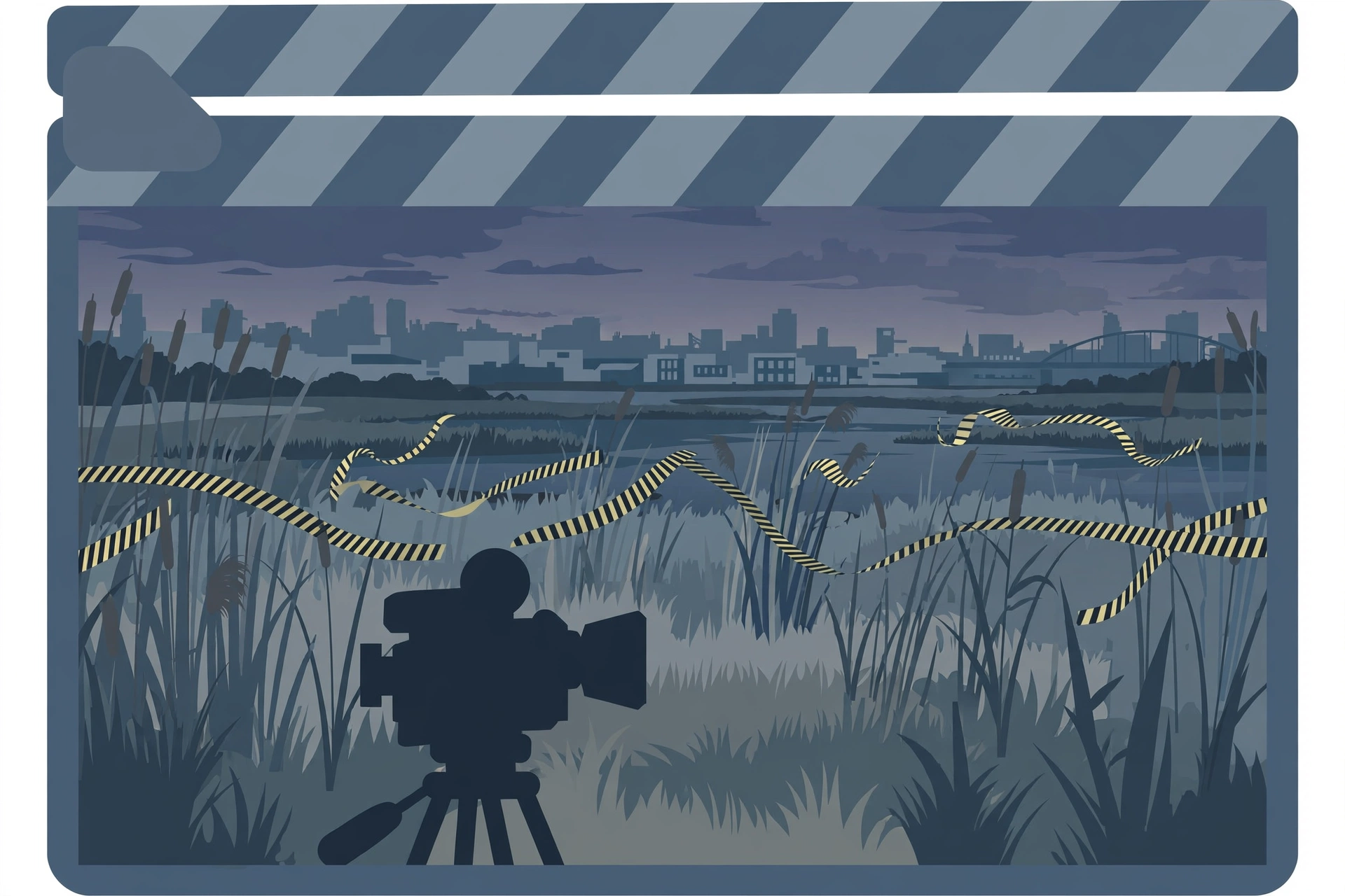 Editorial illustration of a film camera beside police tape in a marshland at dusk inside a clapperboard frame