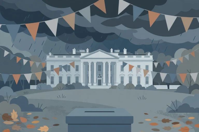 Illustration of the White House under a stormy sky with campaign bunting and a ballot box