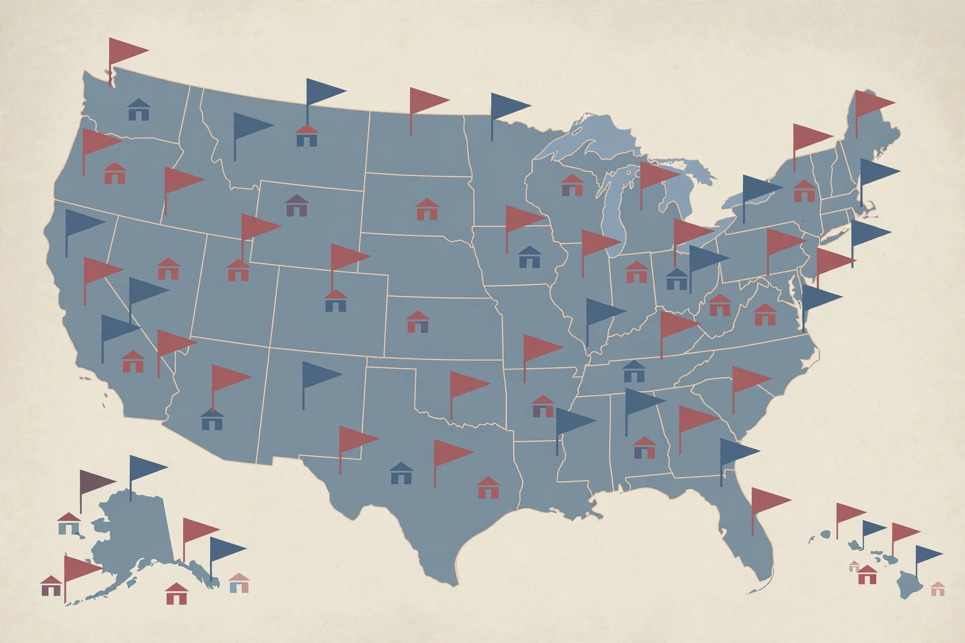 Illustration of a map of the United States covered with campaign flags and polling station signs
