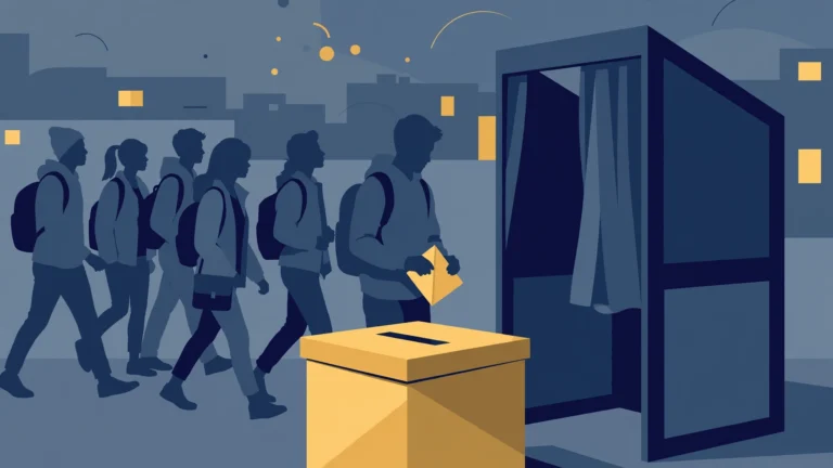 Editorial illustration of young voters walking to a polling booth with a ballot box