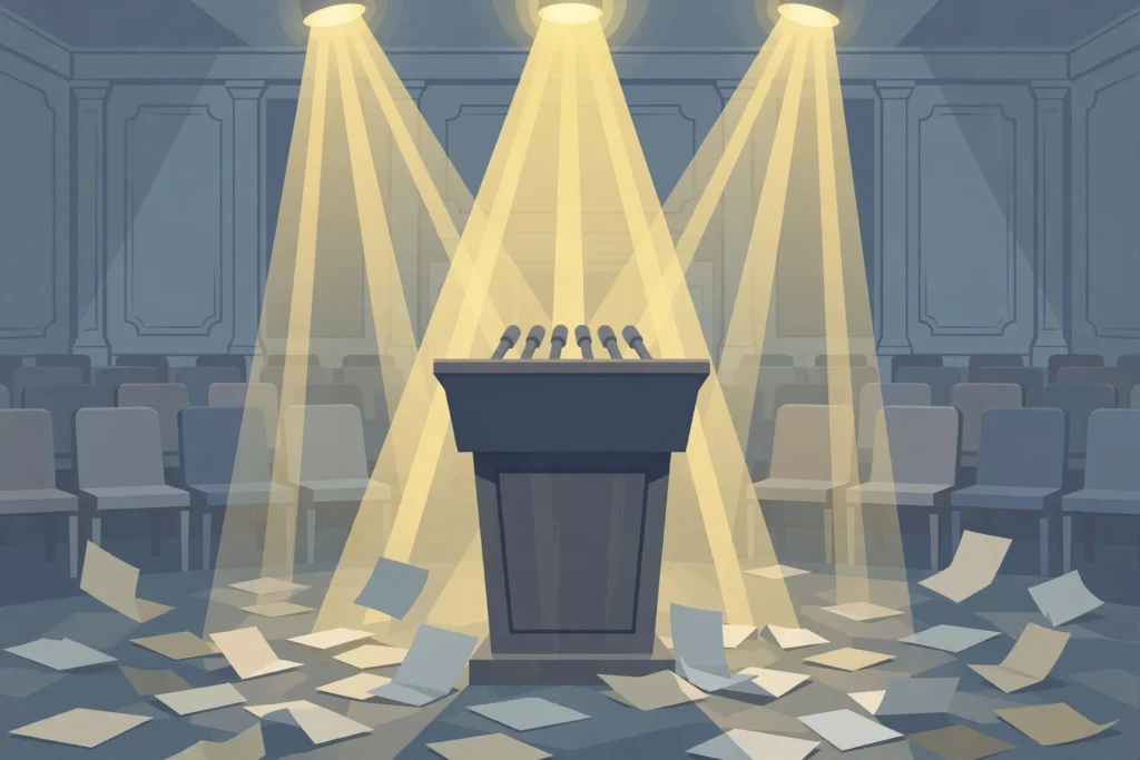 Editorial illustration of an empty White House briefing podium under spotlights with scattered papers