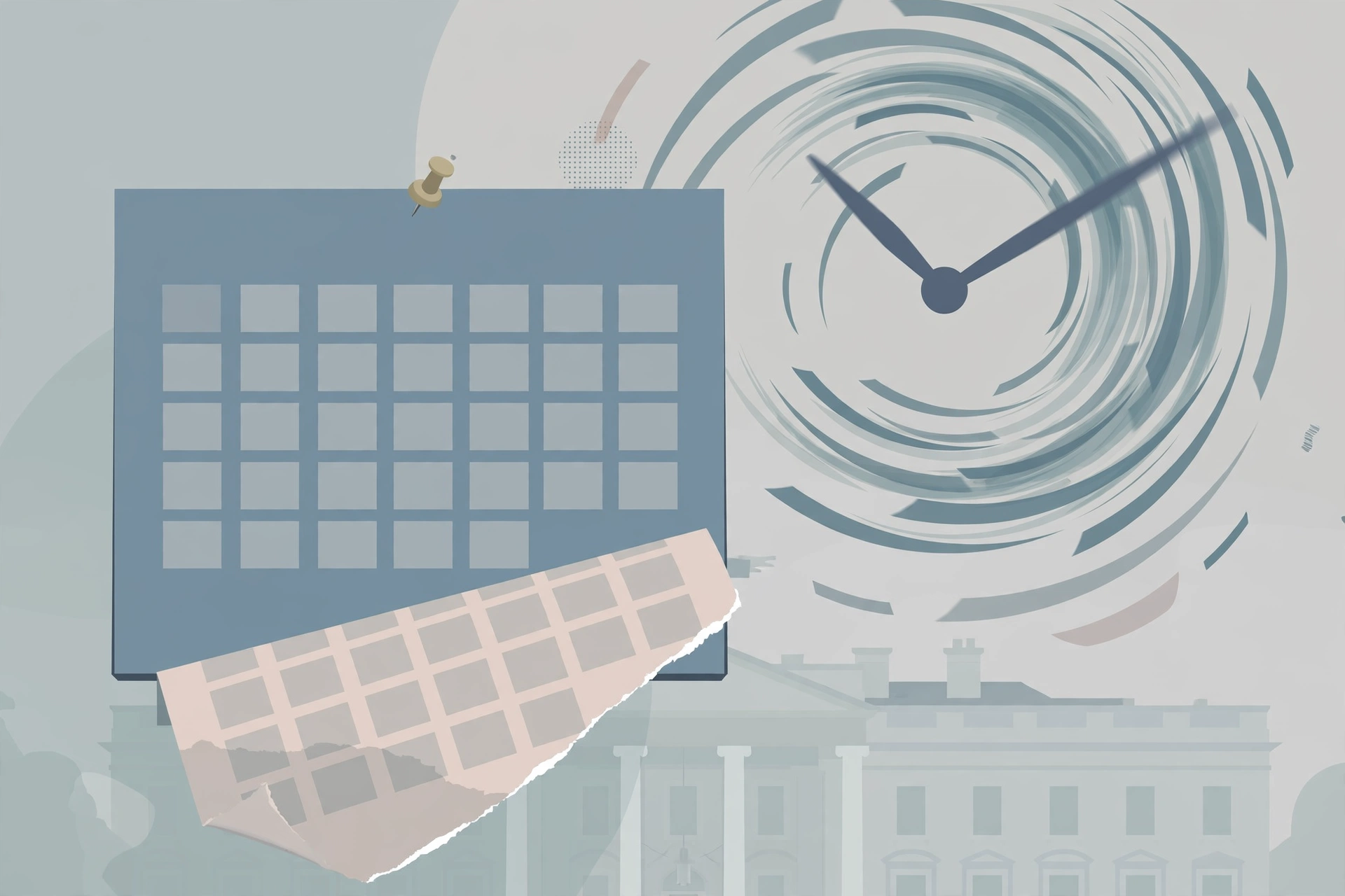 Editorial illustration of a calendar page torn off beside a spinning clock and a faint White House silhouette