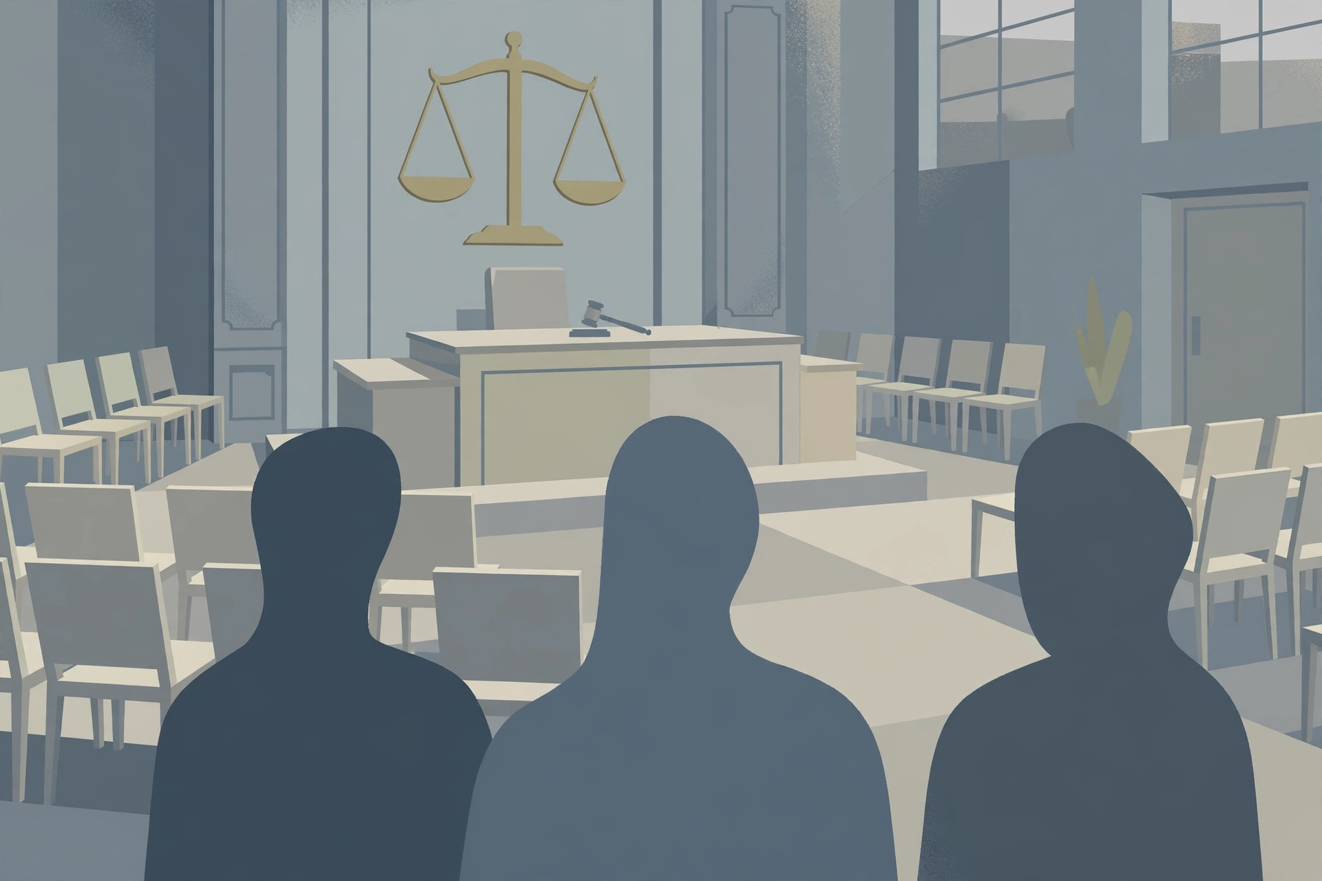 Stylised courtroom illustration with scales of justice
