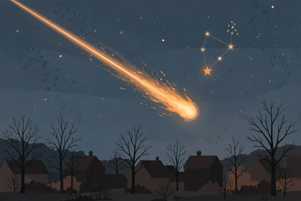 Illustration of a bright meteor streaking across a night sky above rooftops