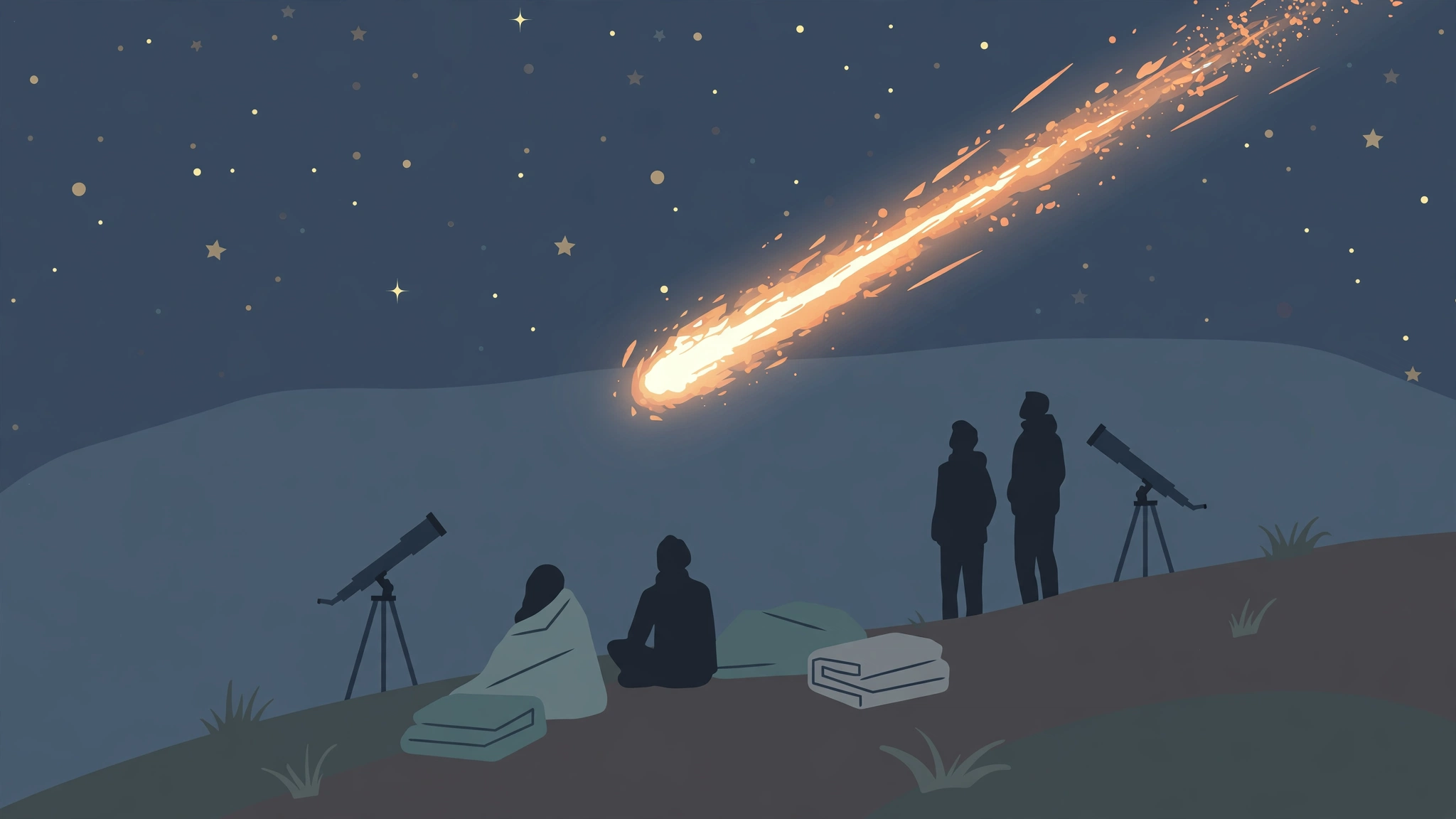 Illustration of silhouetted skywatchers on a hillside watching a fireball